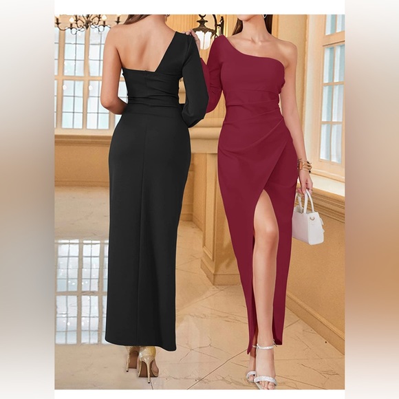 One Shoulder Long Sleeve Sexy High Slit Ruched Bodycon Wedding Party Maxi Dress - Picture 4 of 8